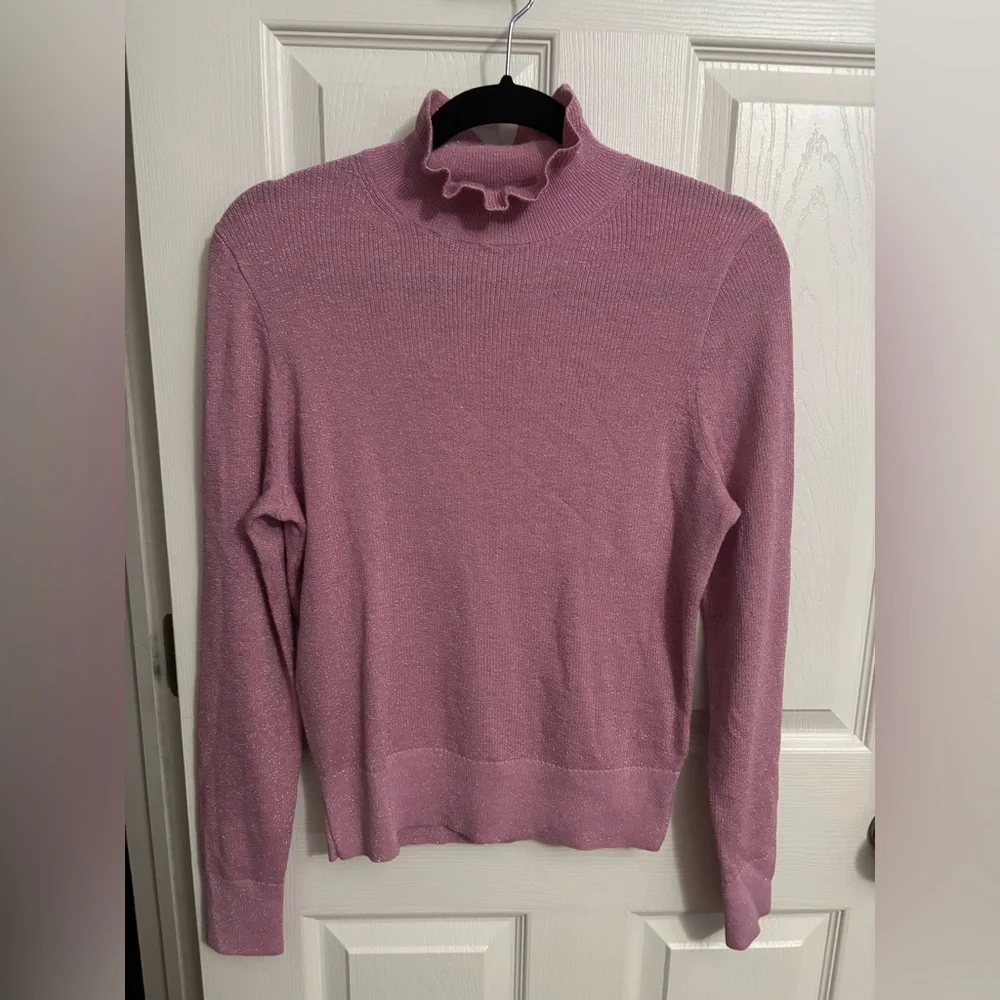J. Crew | Pink Metallic Merino Wool Ruffleneck Turtleneck Sweater Sz L‎